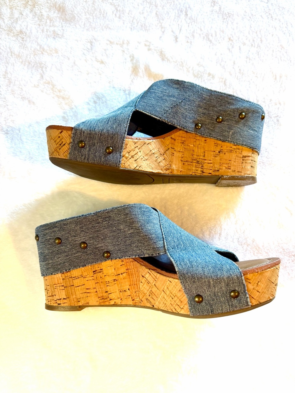 Blue Denim Wedges With Stud Embellishments & Cork Heel - Picture 2 of 5